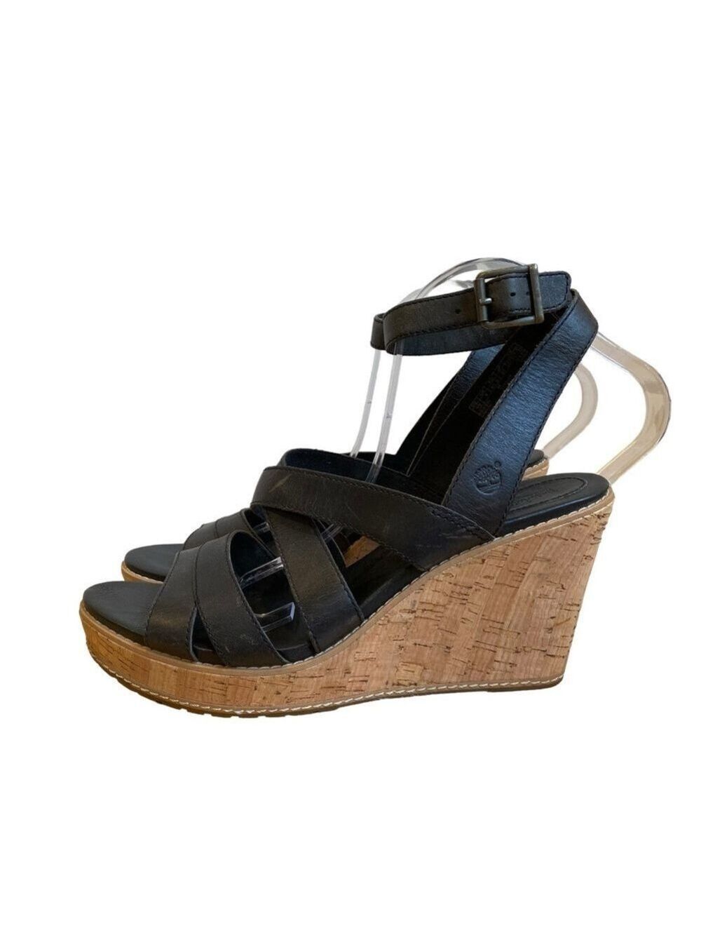 Timberland Danforth black leather heeled sandals strappy design cork wedges 10